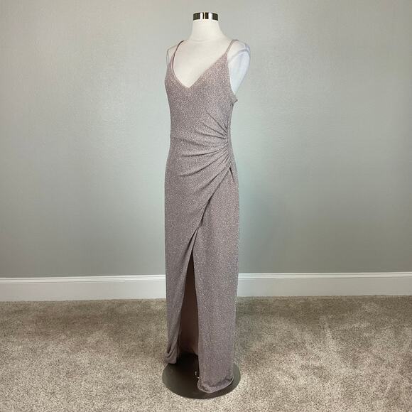Betsy & Adam Metallic Knit Evening Gown Taupe Purple Size 6 Thigh Slit Formal - Picture 4 of 12